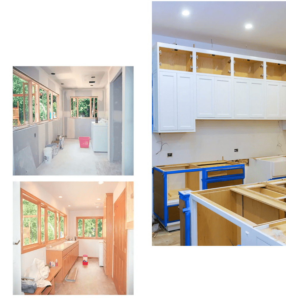 Kitchen renovation in progress with cabinets installed.