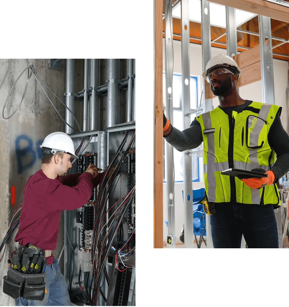 Construction workers handling electrical installations.