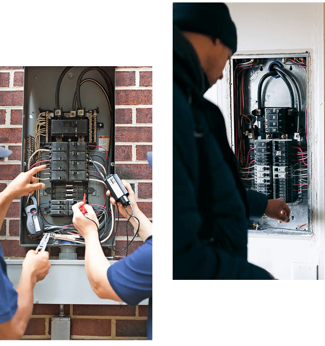 Electricians working on circuit breaker panels.