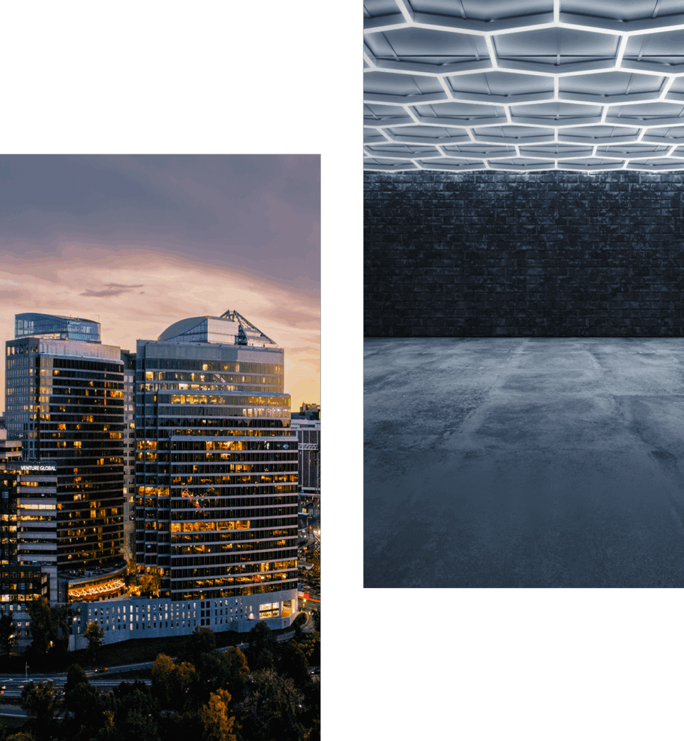 Cityscape at sunset with modern architecture