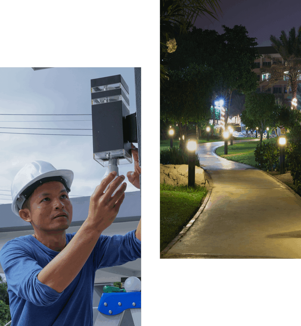 Nighttime park pathway with lights