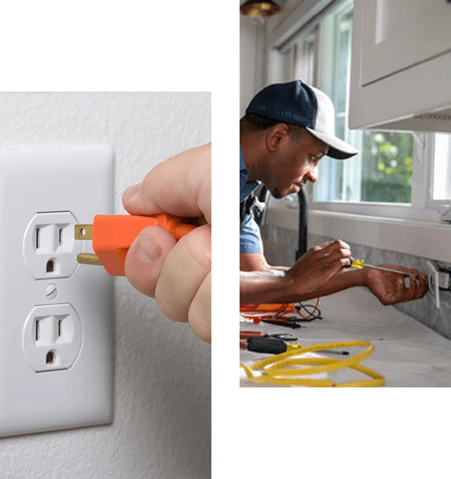 Plugging in orange plug; electrician working nearby.