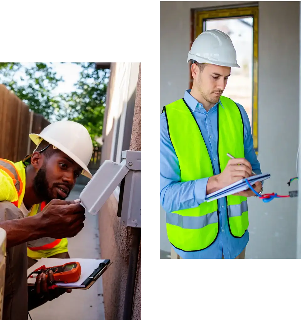 Electricians in hard hats inspecting wiring